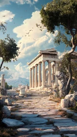 Sunlit ancient temple ruins welcome a quiet, timeless walk