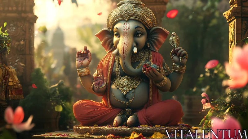 Digital render of ornate seated Ganesha idol in lush temple garden