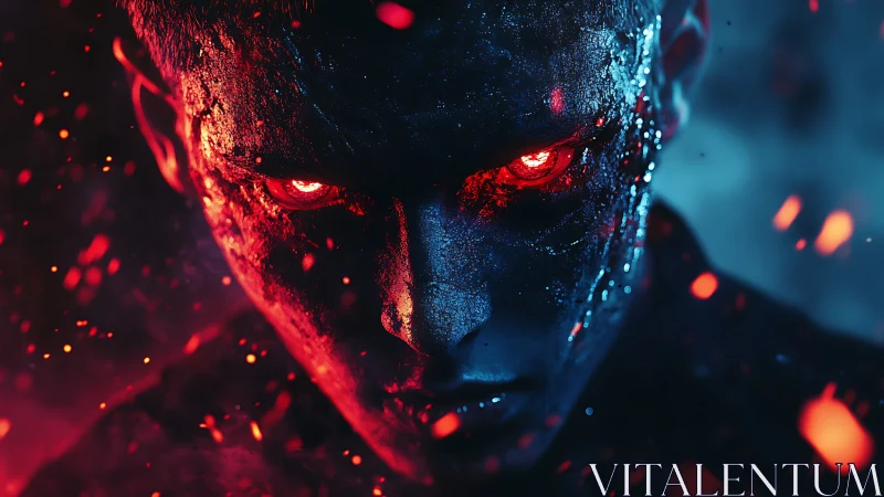 Intense infernal gaze on a cracked, glowing male face.