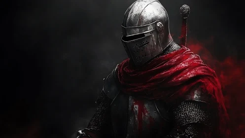 Medieval armored knight with red cloak in dark setting.