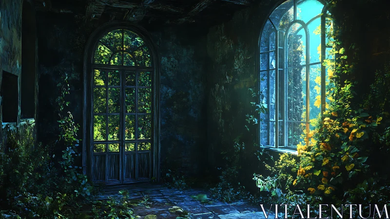 Sunlit ruins where wild garden light softens the dark.