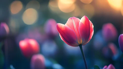Radiant Pink Tulip in Golden Bokeh Light.