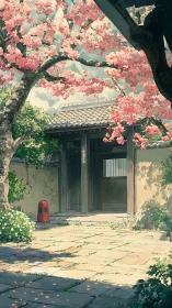 Sunlit garden gate beneath soft pink cherry blossoms.