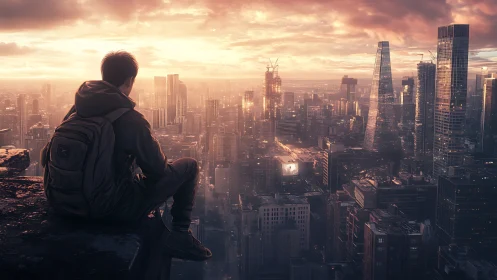 Backpacked observer overlooking volumetric-lit megacity horizon.