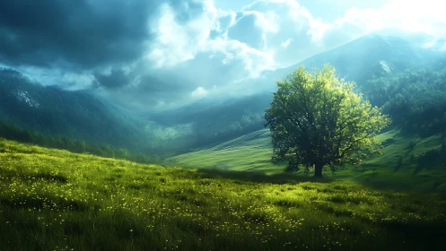 Solitary tree anchors sunlit valley under storm clouds.