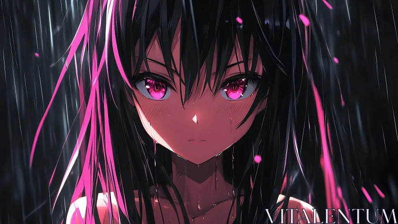 Stormlit gaze of a neon-haired anime girl at night.