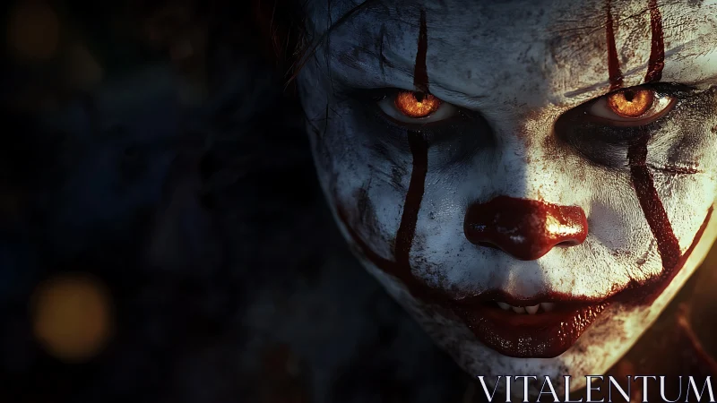 Sinister clown face glares forward with burning orange eyes.