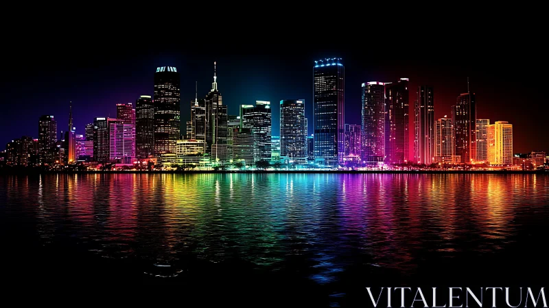 Neon lit city skyline reflected on calm night water.