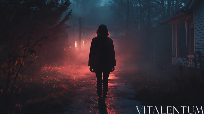 Silhouetted person stands in red fog on a suburban path