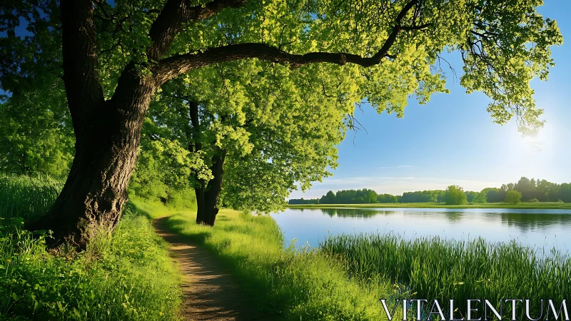 Tree-lined lakeside path with bright foliage and waterway.