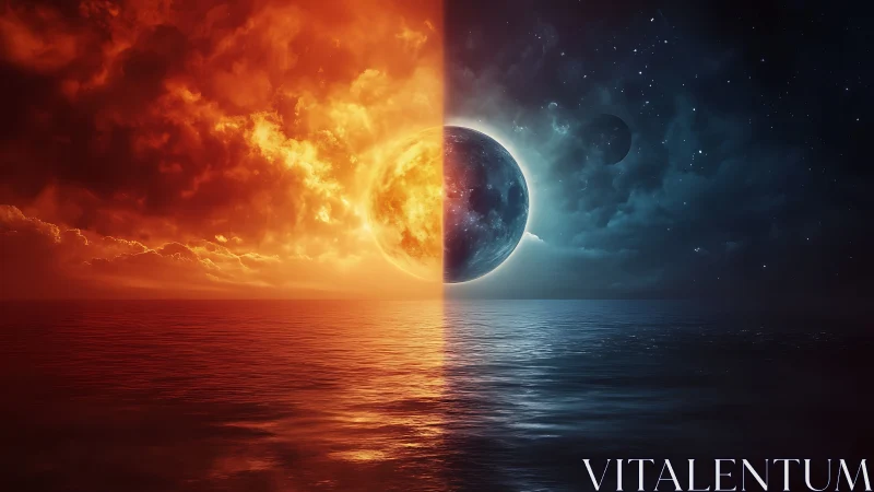 Split celestial sphere divides fiery sky and cool night sea