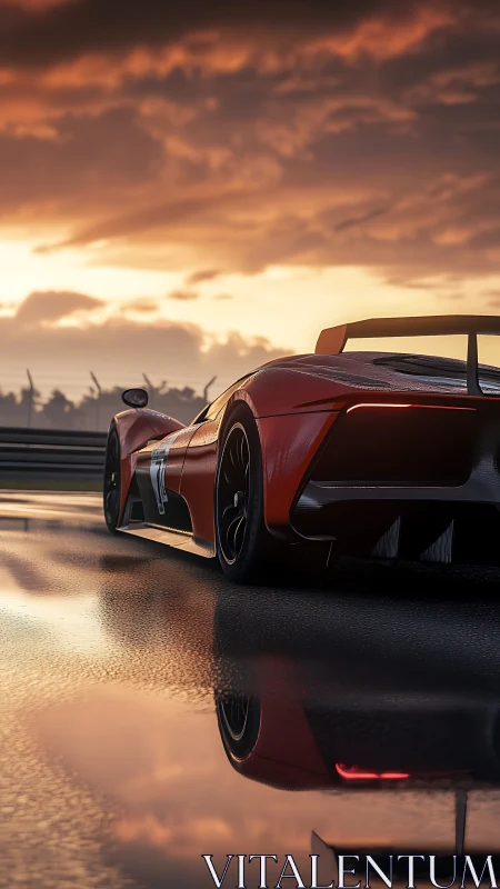 Sunset-lit red supercar on wet track with vivid reflections.