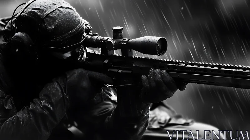 Tactical marksman with wet precision rifle in dynamic low‑key rain