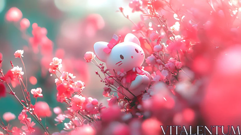 Soft kitty figurine nestles gently in dreamy pink blossoms