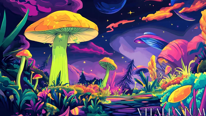 Neon moonlit mushrooms glow in a cosmic forest dreamland.