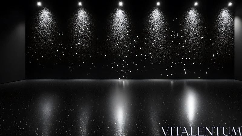 Black gallery room with overhead spotlights and particle wall.