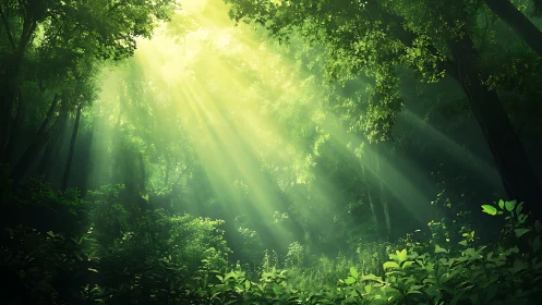 Sunlight penetrates dense green forest canopy in bright beams