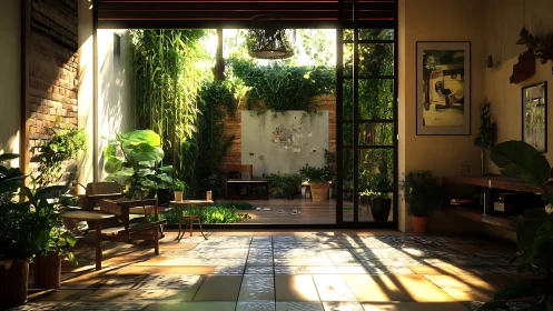 Sunlit interior courtyard connects living space and garden
