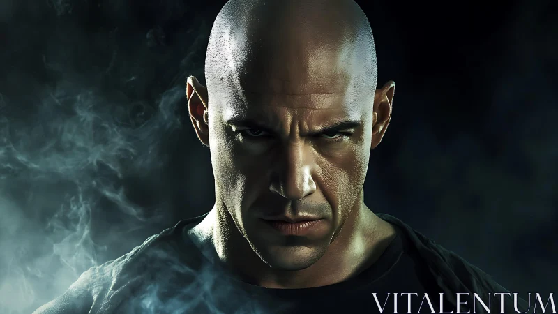 Cinematic low‑key portrait of intense bald male subject.
