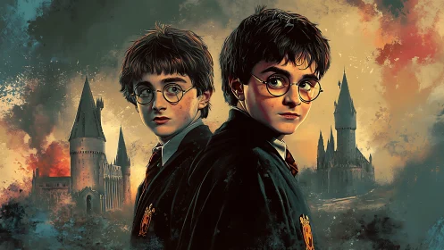 Digital painting portrait of twin wizards before Gothic castle.