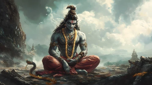 Meditating blue deity amid stormy Himalaya landscape.