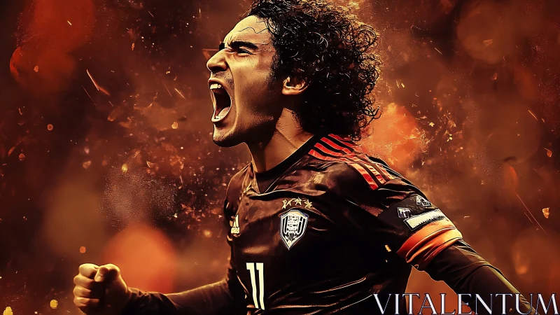 Roaring football captain ignites a storm of molten victory.