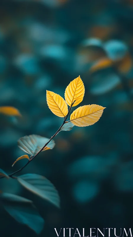 Golden leaves on teal bokeh background, shallow macro focus.