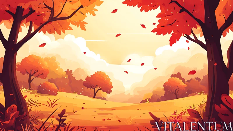 Stylized autumn landscape with trees and falling leaves.