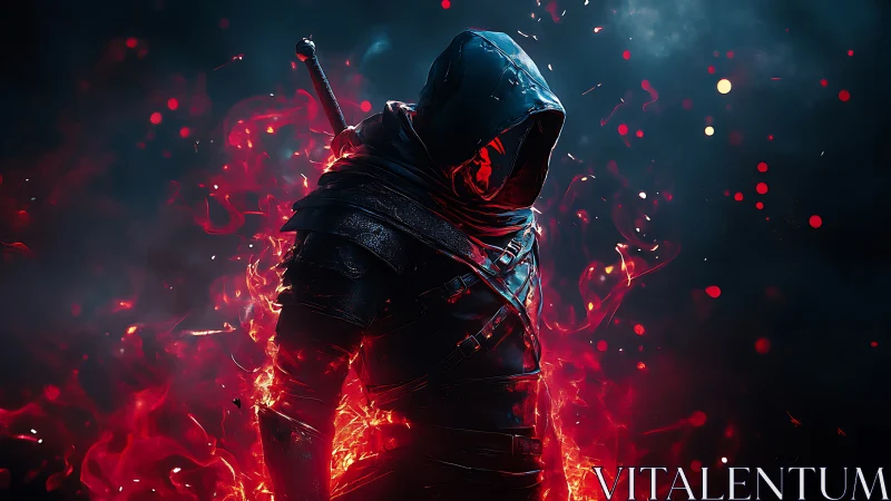Hooded rogue warrior in flaming red aura, cinematic lighting