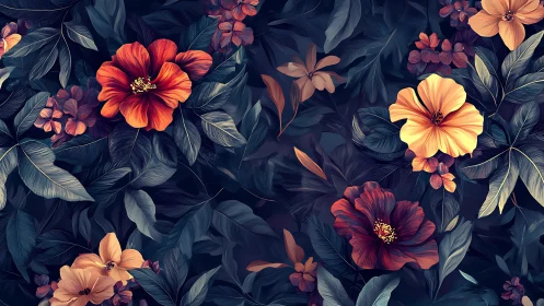 Floral botanical composition with dark navy base and warm blooms.
