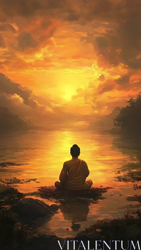 Monk in meditative silhouette observes incandescent river sunset