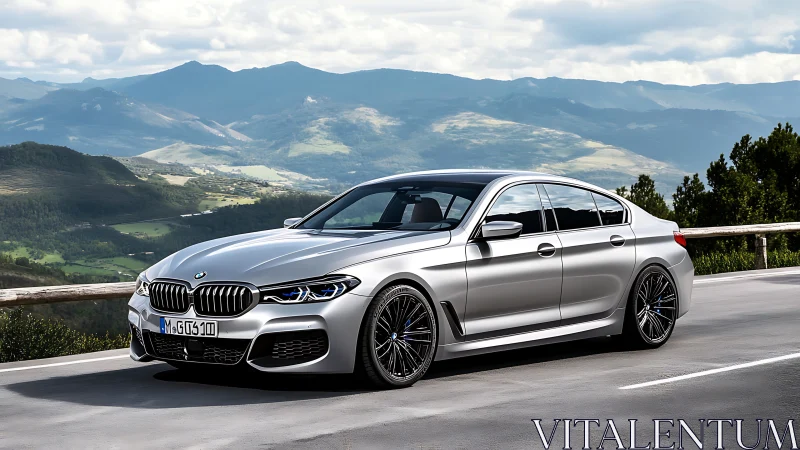 Silver sedan is parked on a mountain road with distant hills