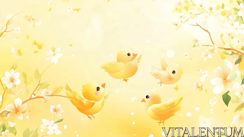 Golden songbirds dancing through luminous spring blossoms.