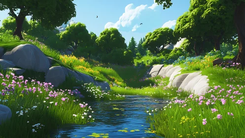 Sunlit meadow stream hums softly through wildflower valleys