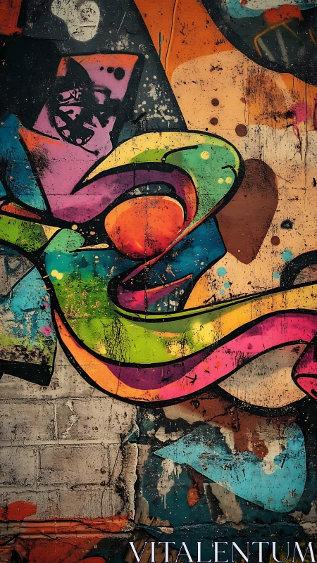 Multicolored abstract graffiti on weathered concrete wall.