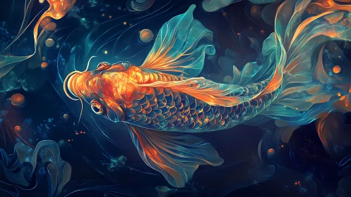 Iridescent koi fish rendered in luminous fluid abstraction.