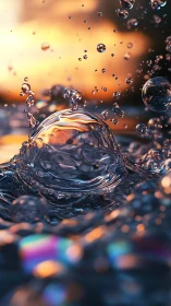 Close-up liquid splash with suspended droplets at sunset.