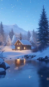 Snowy mountain cabin beside reflective winter river at dusk.