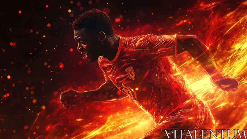 Fiery digital artwork of soccer player sprinting in flames.