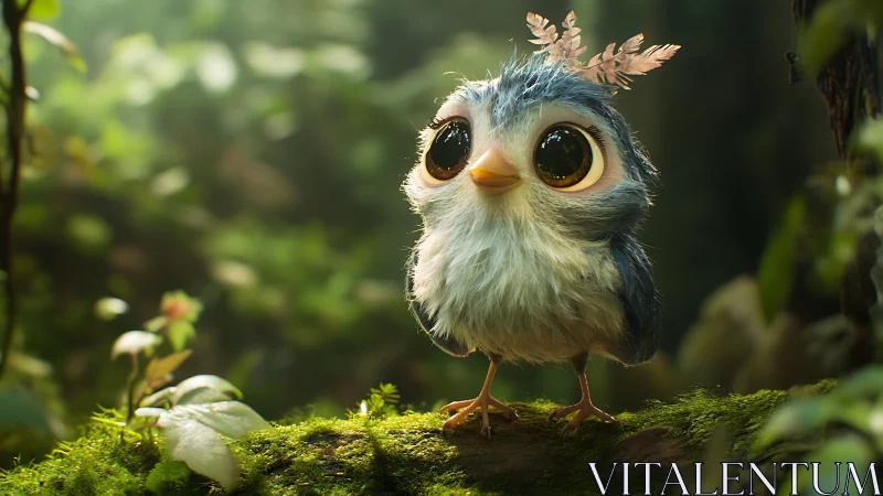 Adorable Blue Cartoon Bird in Enchanted Forest, Whimsical Style.