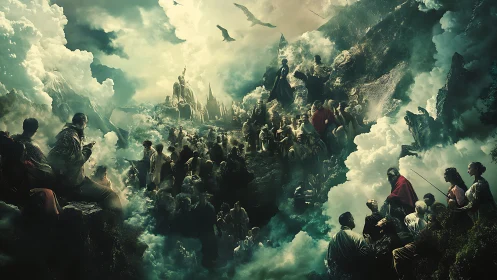Crowded mountainous gathering within dense cloud formations.