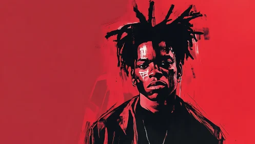 Defiant urban portrait emerges from bold crimson void