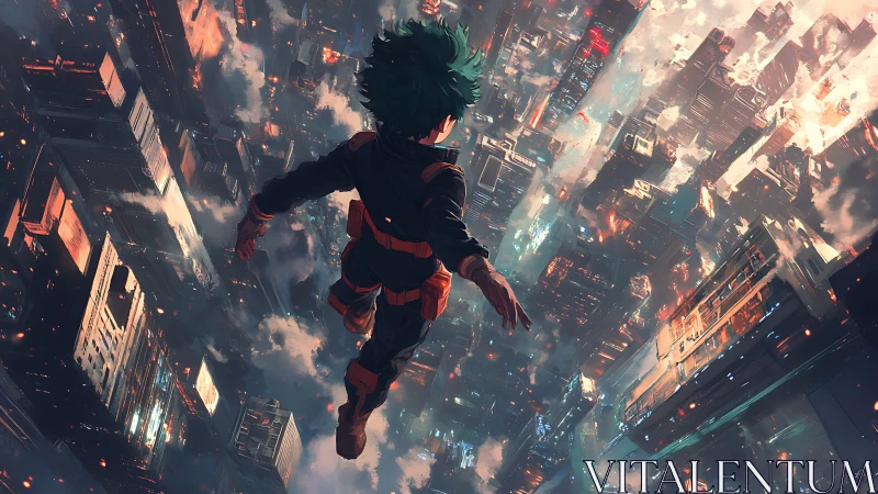 Heroic freefall over neon-lit vertical megacityscape.