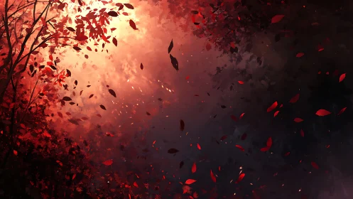 Autumn's Ember Dance: Leaves Caught in Crimson Reverie.
