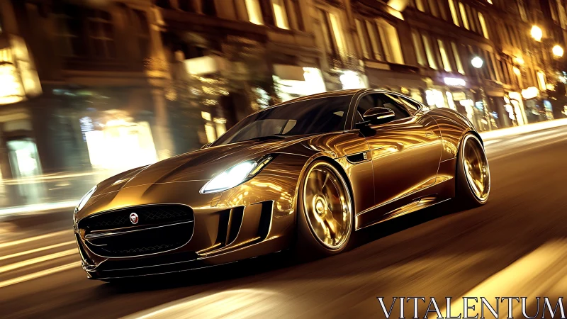 Golden sports coupe races through illuminated city streets