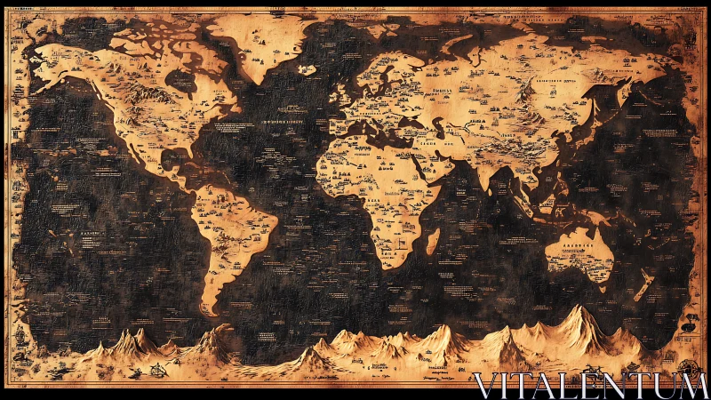Antique-style world map showcases sepia continents and peaks.