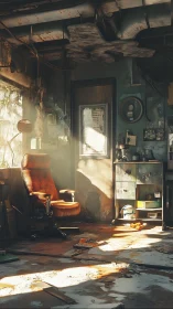 Abandoned industrial room with worn office chair and debris.