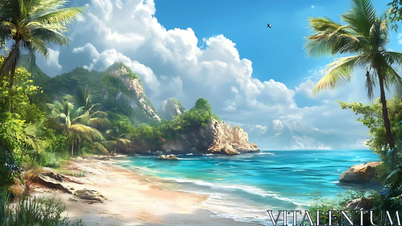 Tropical Beach Cove with Rocky Outcrops and Palm Trees