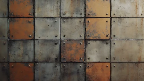 Weathered metal wall tiles form an industrial rusted backdrop