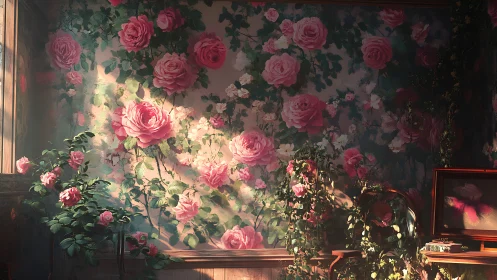Sunlit interior wall displays dense pink rose mural vividly